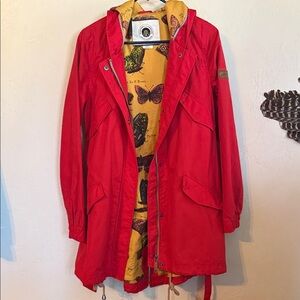 Anthropologie Red Utility Jacket with Butterfly Lining